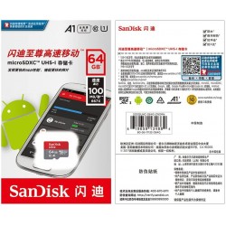 Carte Mémoire microSDXC SanDisk Ultra 64GB 100MB/S, Classe 10, U1, homologuée A1