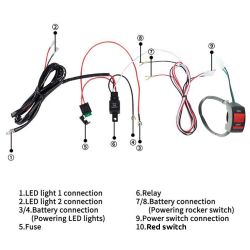 Bouton Phares additionnels LED + Faisceau d'alimentation et relai moto - 2 voies