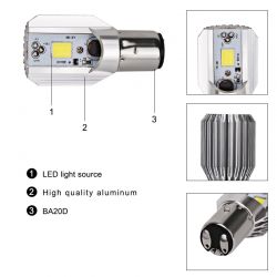 Ampoule Bi-LED S2 BA20D M2S - 9-12Vdc - 5000K - 800lms - XENLED - 50W d'éclairage - H6