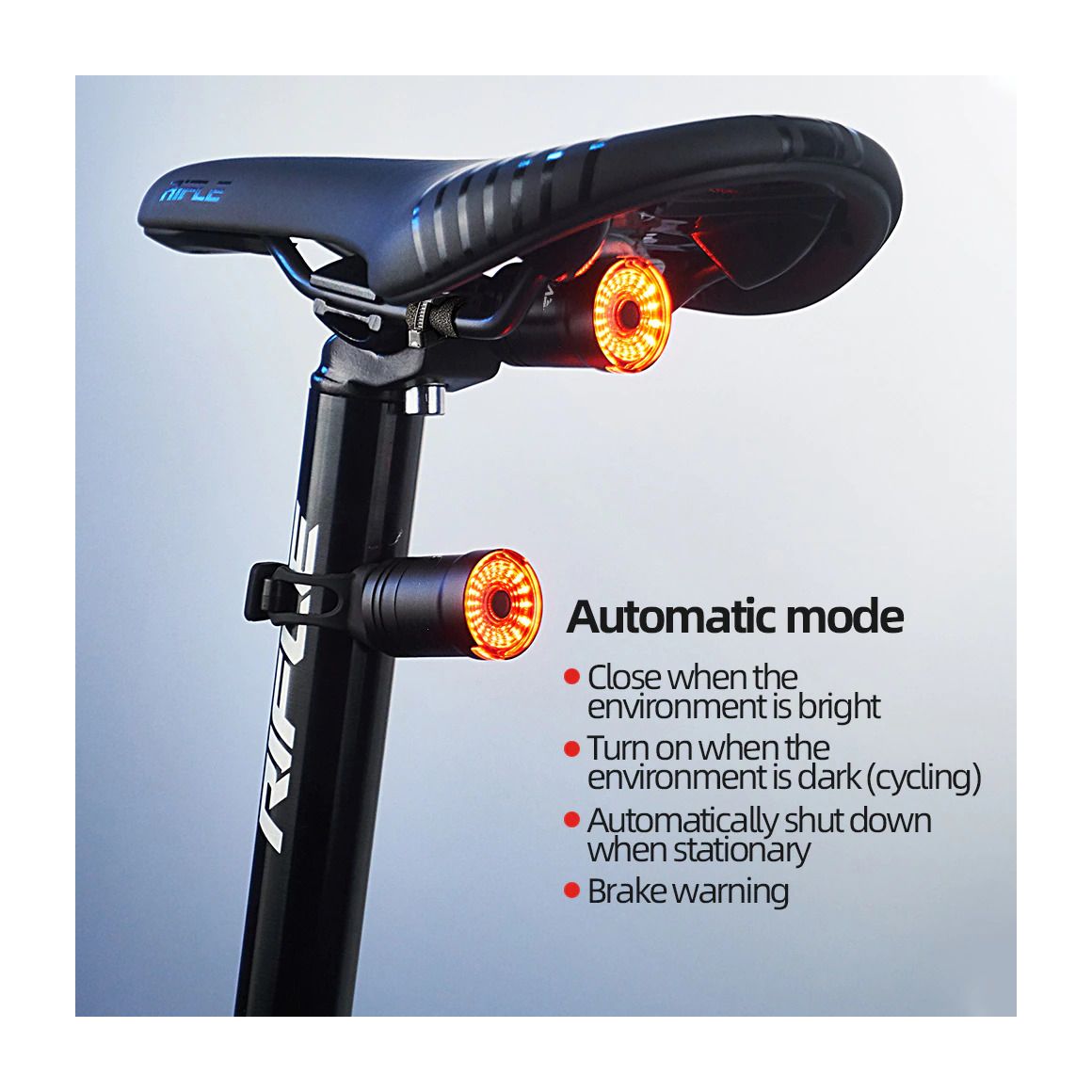 Luz bicicleta LED trasera, inteligente, automática de frenos, resistente al agua, USB - Fijación de tira. - France-Xenon