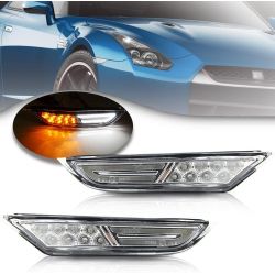 Nissan GTR R35 2007 a 2018 Intermitentes laterales LED + luces diurnas LED - Versión transparente - Plug&Play - Repetidor