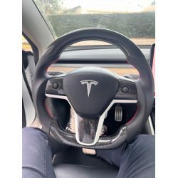 Volant Personnalié Tesla Model3 - Fibre de Carbone + Cuir - Surpiqure Rouge - SANS RENVOI