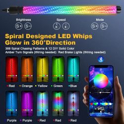 Kit 2x Whip Lights LED RGB XENLED 60 cm – Antennes lumineuses spiralées avec drapeaux, application Bluetooth et télécommande